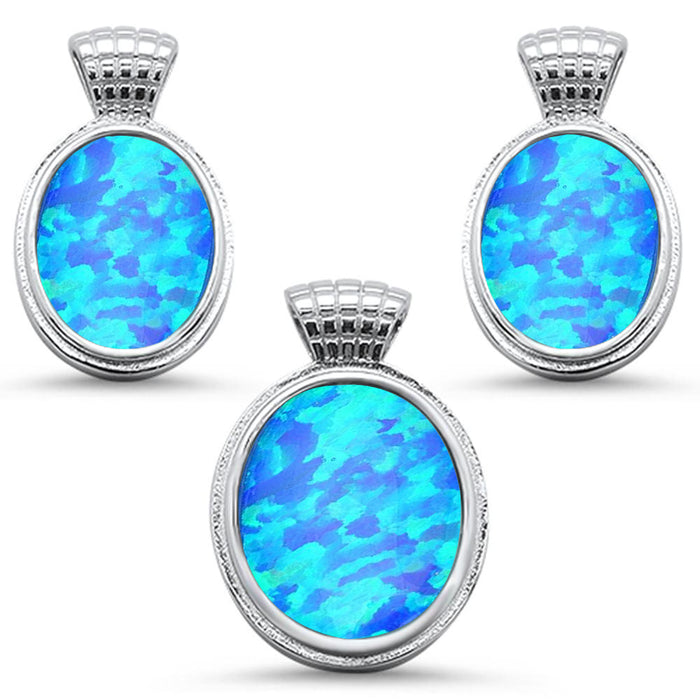 CLOSEOUT! Oval Blue Opal .925 Sterling Silver Earrings & Pendant Set