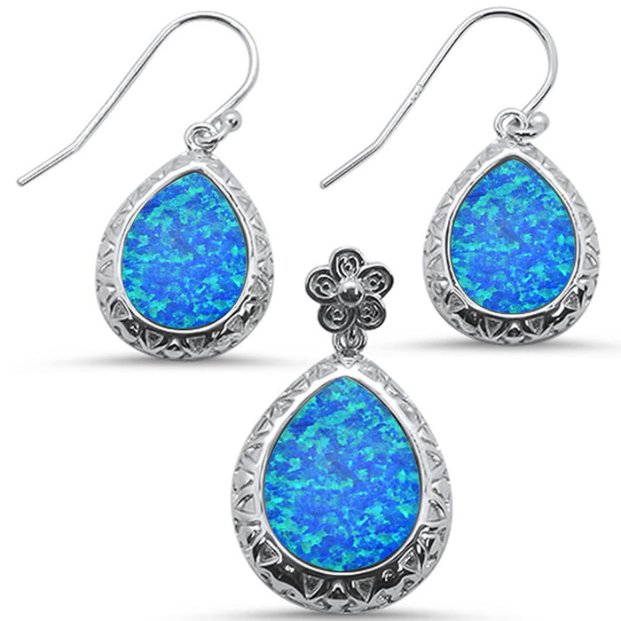 CLOSEOUT! Pear Shape Blue Opal Flower .925 Sterling Silver Earrings & Pendant Set