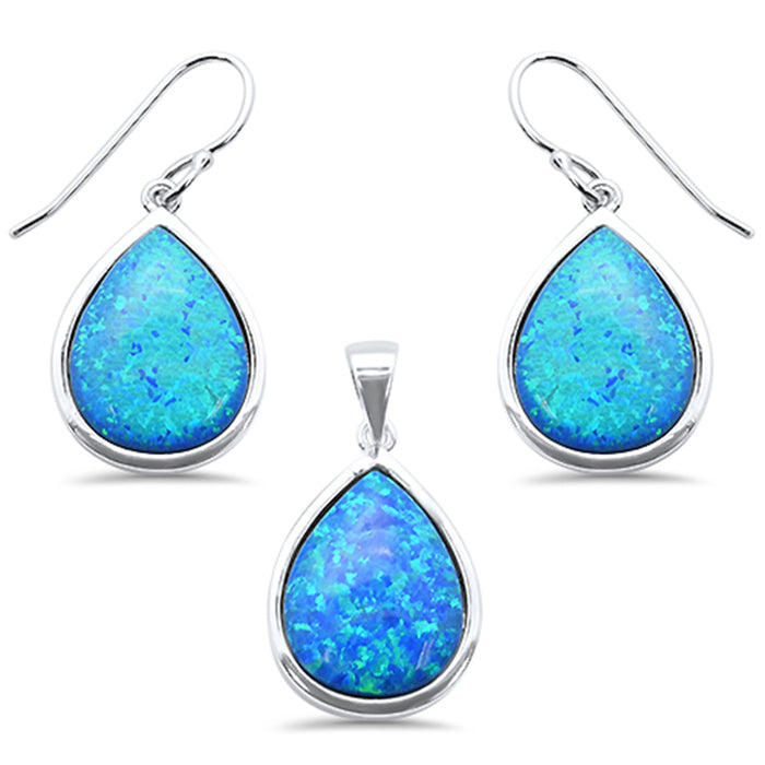 CLOSEOUT! Pear Blue Opal .925 Sterling Silver Pendant & Earring Set