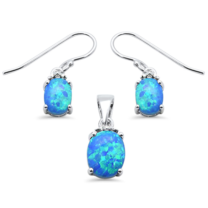 CLOSEOUT! Oval Blue Opal .925 Sterling Silver Pendant & Earrings Set