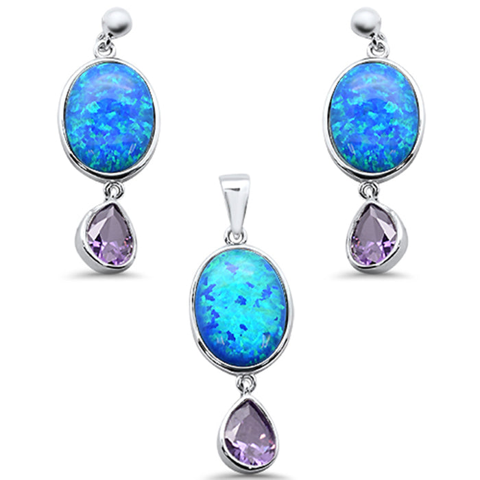 CLOSEOUT! Oval Blue Opal & Pear Amethyst .925 Sterling Silver Pendant & Earring Set
