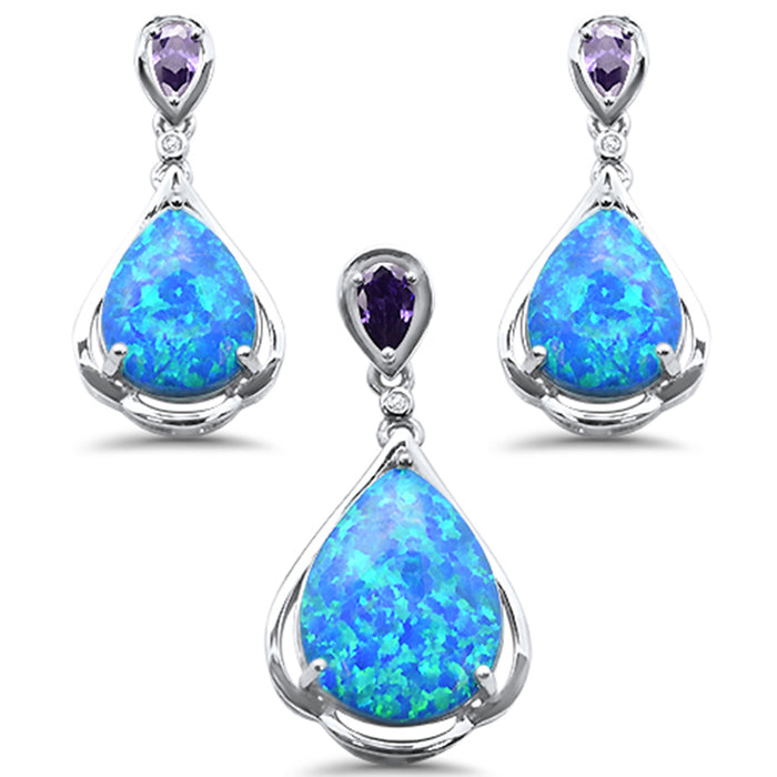 CLOSEOUT! Pear Shape Blue Opal & Amethyst .925 Sterling Silver Pendant & Earring Set