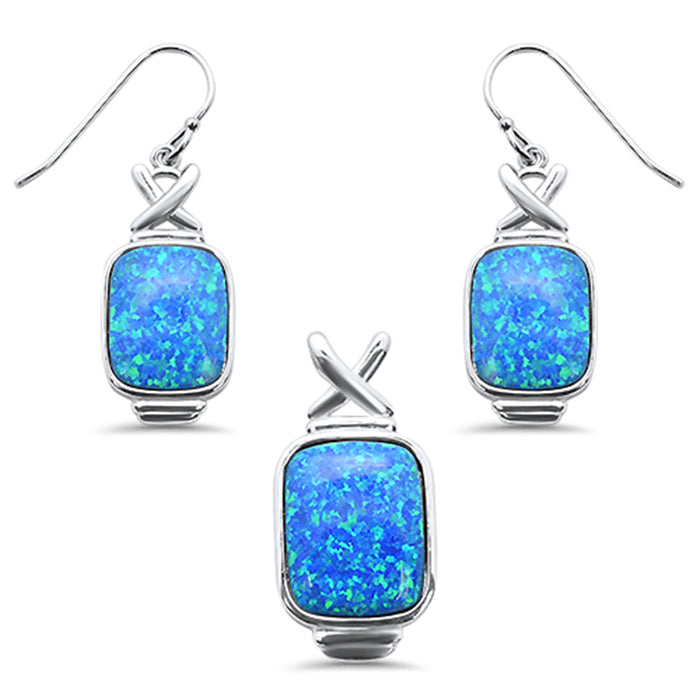 CLOSEOUT! Cushion Cut Blue Opal .925 Sterling Silver Pendant & Earring Set