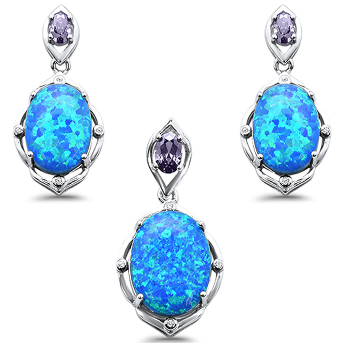 CLOSEOUT! Oval Blue Opal & Amethyst .925 Sterling Silver Pendant & Earring Set