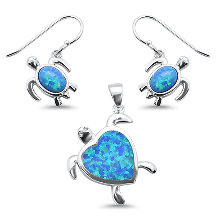 CLOSEOUT! Blue Opal Heart & Turtle .925 Sterling Silver Pendant & Earrings Set