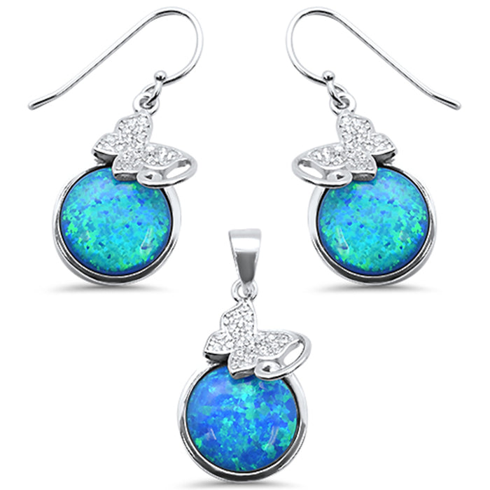 CLOSEOUT! Round Blue Opal & CZ .925 Sterling Silver Pendant & Earring Set