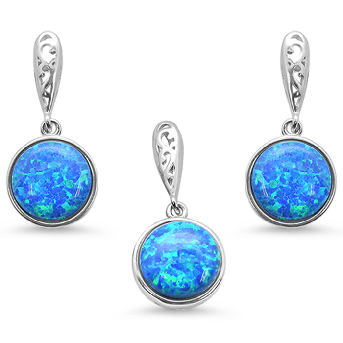 CLOSEOUT! Round Blue Opal .925 Sterling Silver Pendant & Earring Set