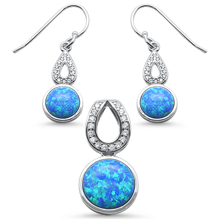Blue Opal & Cubic Zirconia Dangling .925 Sterling Silver Earrings & Pendant Set