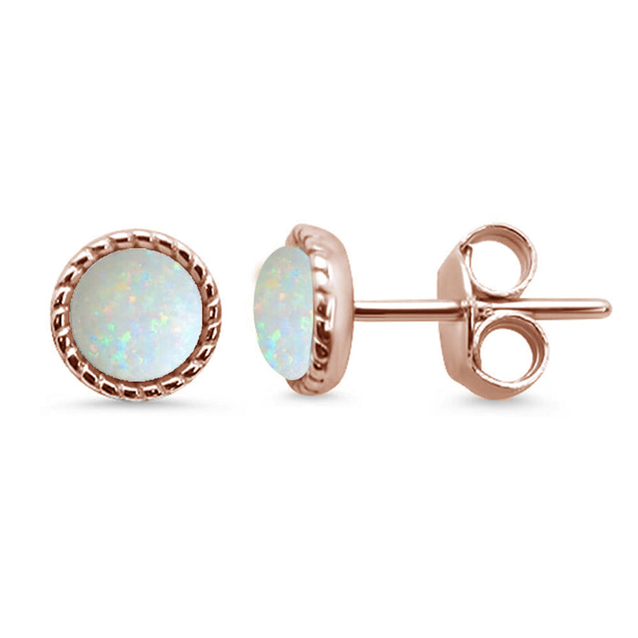 CLOSEOUT! Rose Gold Plated Round Braided Milgrain White Opal .925 Sterling Silver Stud Earrings