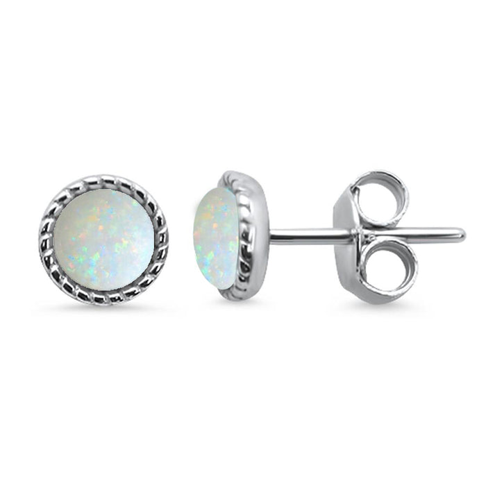 CLOSEOUT! Round Braided Milgrain White Opal .925 Sterling Silver Stud Earrings