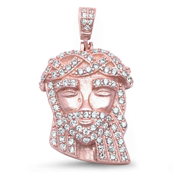 CLOSEOUT! Rose Gold Plated Micro Pave Cubic Zirconia Jesus .925 Sterling Silver Pendant