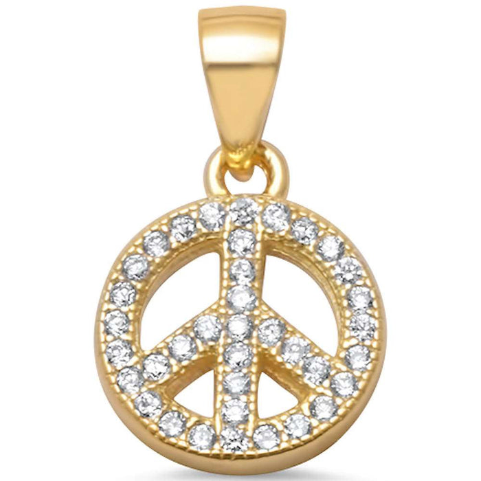 CLOSEOUT! Yellow Gold Plated Micro Pave Cz Peace Sign .925 Sterling Silver Pendant