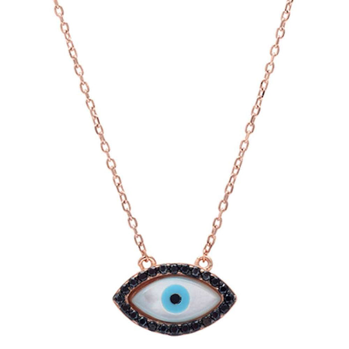 Rose Gold Plated Black Cubic Zirconia Evil Eye .925 Sterling Silver Pendant Necklace