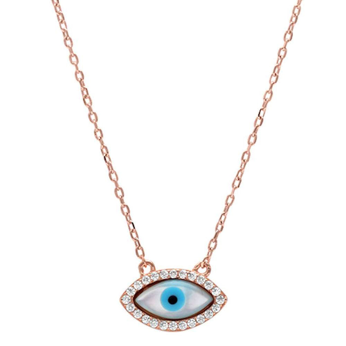 Rose Gold Plated Cubic Zirconia Evil Eye .925 Sterling Silver Pendant Necklace