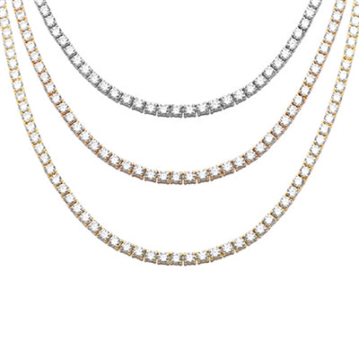 3MM Available 2 Colors 13.50CT Round Cubic Zirconia Necklace .925 Sterling Silver 18", 22" Long