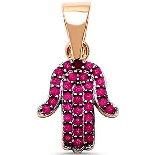 CLOSEOUT!Rose Gold Plated Ruby Hand of Hamsa Charm .925 Sterling Silver Pendant