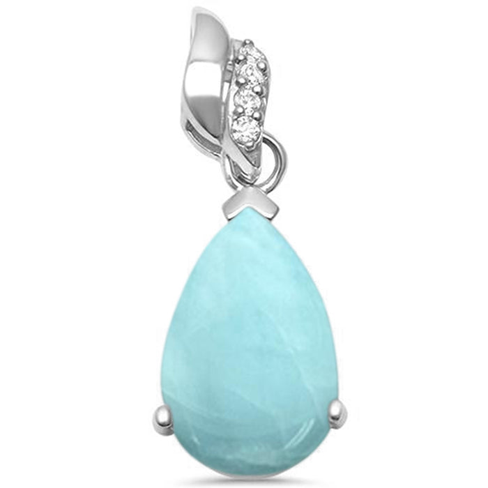 Natural Larimar Pear Shape & Cubic Zirconia .925 Sterling Silver Pendant
