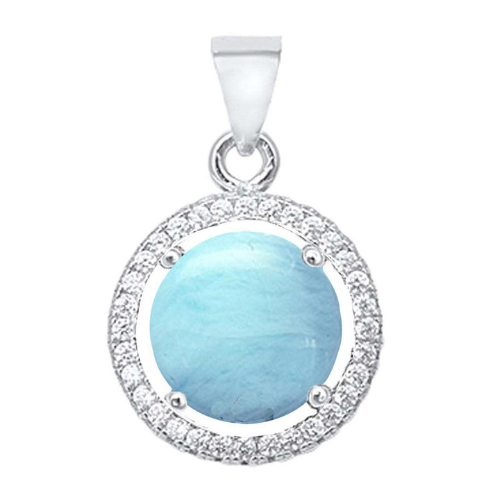Round Natural Larimar & Cubic Zirconia .925 Sterling Silver Halo Pendant