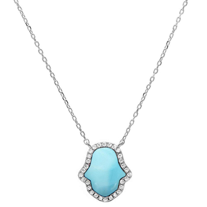Natural Larimar Hand of Hamsa .925 Sterling Silver Pendant Necklace 16"+1" Ext.