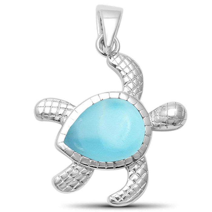Cute Natural Larimar Turtle .925 Sterling Silver Pendant