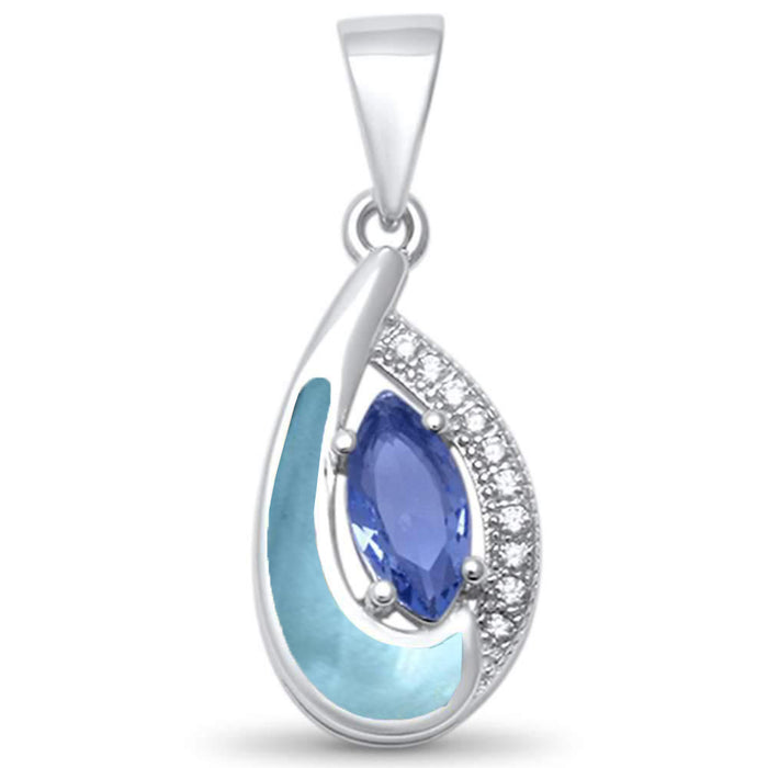 Tear Drop Tanzanite, Cz & Natural Larimar .925 Sterling Silver Pendant