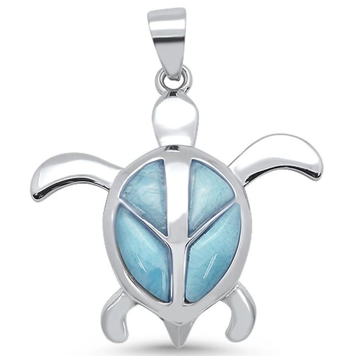 Natural Larimar Turtle with Peace Sign Design .925 Sterling Silver Pendant