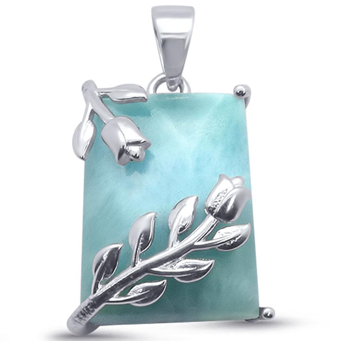 Square Leaf Natural Larimar .925 Sterling Silver Pendant 1" Long