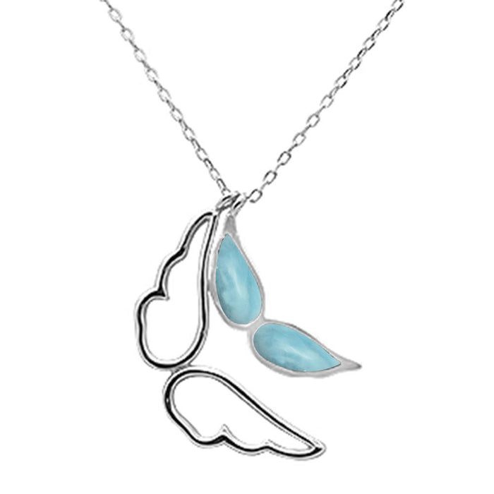 Natural Larimar Angel Wings Design .925 Sterling Silver Pendant Necklace 16+1" Ext.