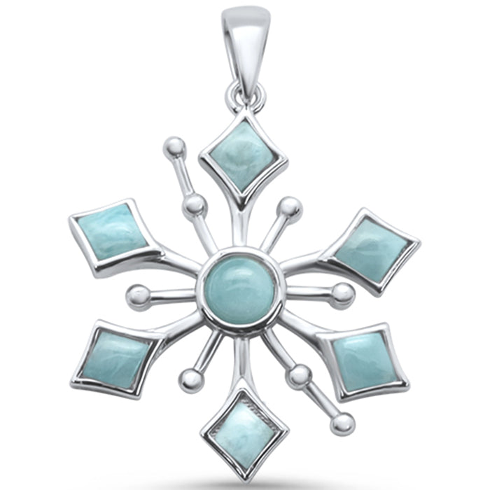 Round Natural Larimar Snowflake Design .925 Sterling Silver Pendant