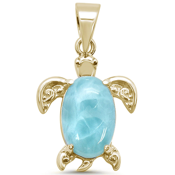 Yellow Gold Plated Natural Larimar Turtle .925 Sterling Silver Charm Pendant