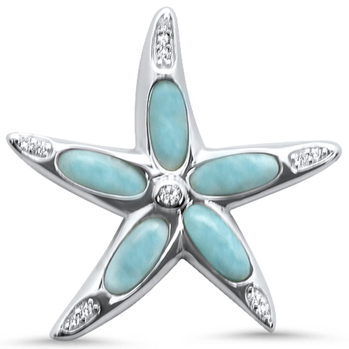 Natural Larimar & Cubic Zirconia Star Fish .925 Sterling Silver Pendant