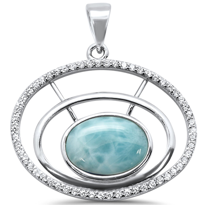 Natural Larimar Oval & Cz .925 Sterling Silver Charm Pendant
