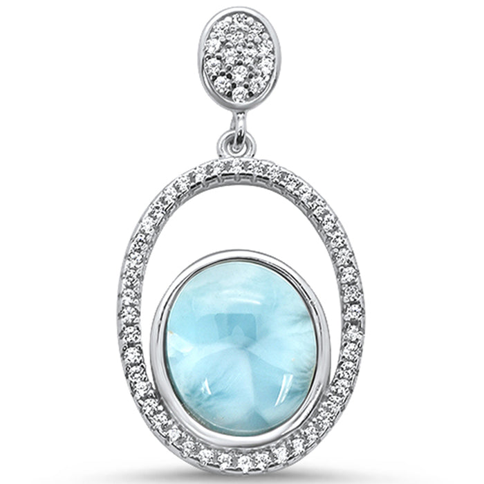 Natural Larimar & Cz .925 Sterling Silver Charm Pendant