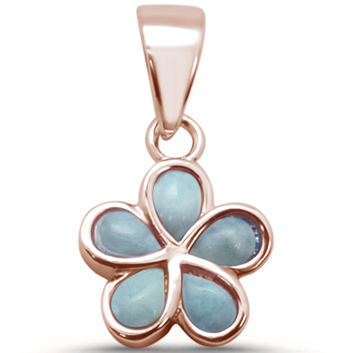 Rose Gold Plated Larimar Plumeria .925 Sterling Silver Pendant .75"