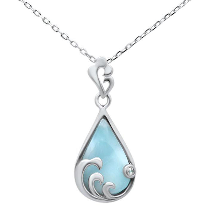 Natural Larimar .925 Sterling Silver Tear Drop Shape Ocean Wave Pendant Necklace 16-18" Long