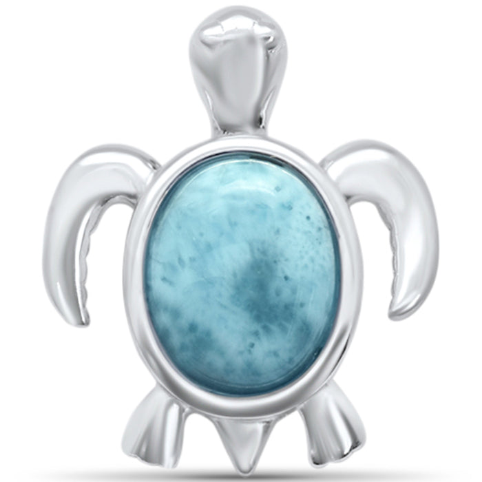 Oval Shaped Natural Larimar Turtle .925 Sterling Silver Pendant