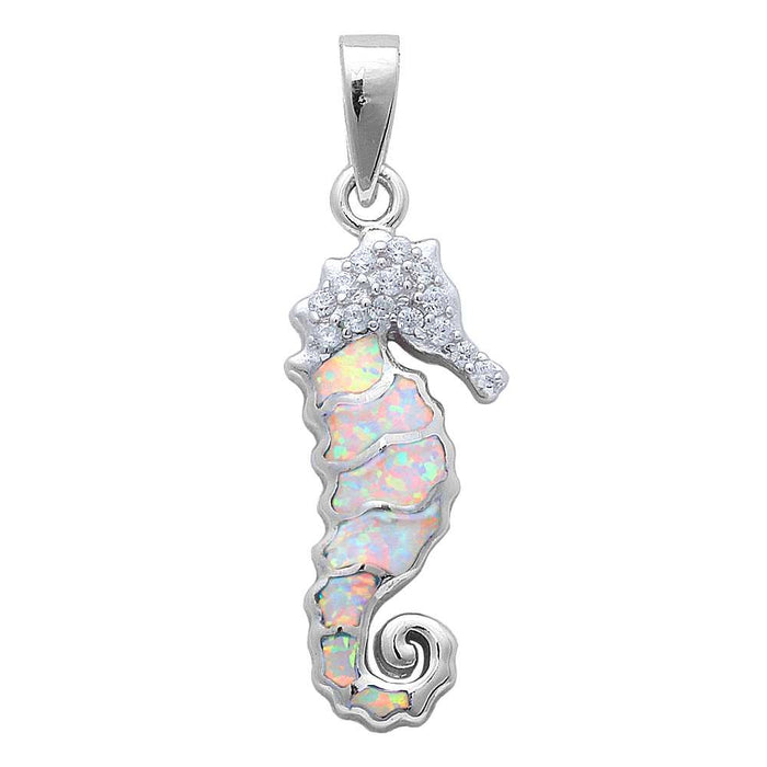 White Opal & Cz Sea Horse .925 Sterling Silver Pendant