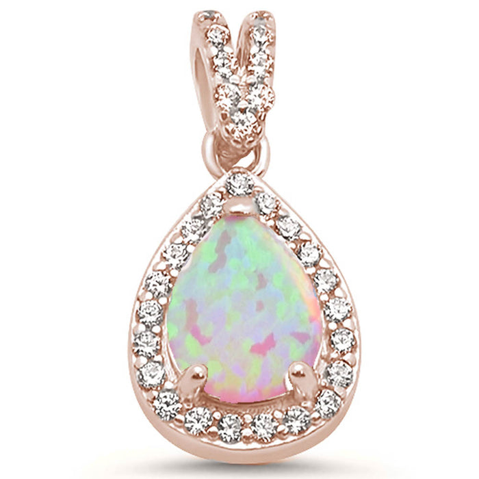 Rose Gold Plated Pear Pink Opal & Cubic Zirconia .925 Sterling Silver Pendant