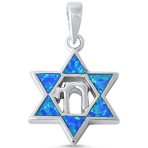 CLOSEOUT! Blue Opal Star of David with Chai Symbol .925 Sterling Silver Pendant