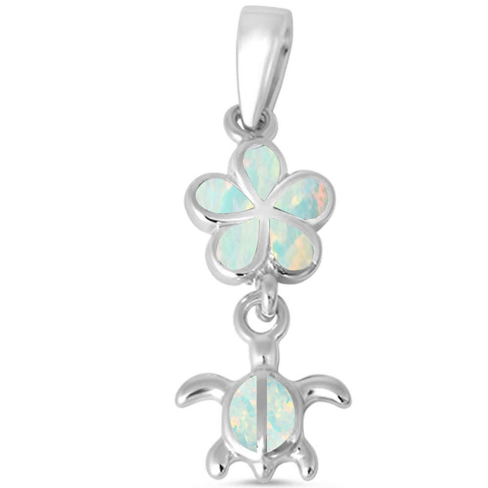 CLOSEOUT! White Opal Plumeria and Turtle .925 Sterling Silver Charm Pendant