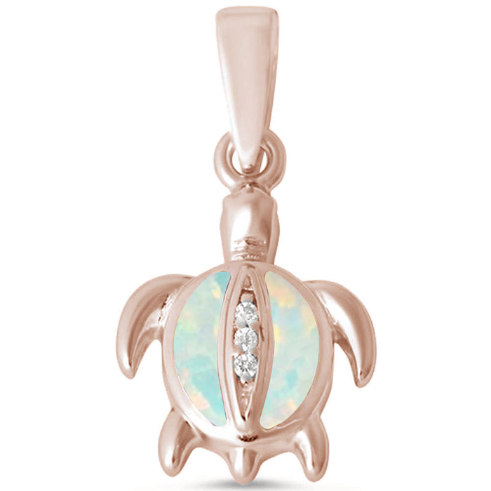 CLOSEOUT! Rose Gold Plated White Opal Turtle & CZ .925 Sterling Silver Pendant