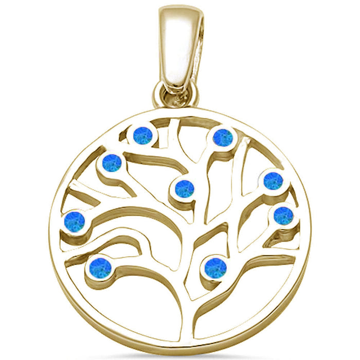 CLOSEOUT! Yellow gold Plated Blue Opal Tree of Life .925 Sterling Silver Pendant