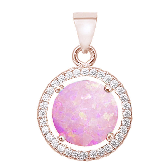 CLOSEOUT! Rose Gold Plated Round Created Pink Opal & Cubic Zirconia .925 Sterling Silver Pendant