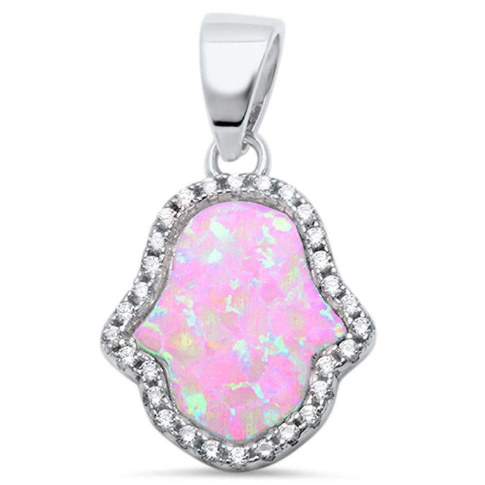 CLOSEOUT! Pink Opal & Cubic Zirconia Hamsa .925 Sterling Silver Pendant