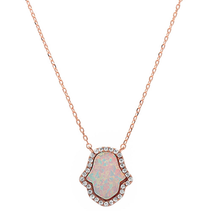 CLOSEOUT! Rose Gold Plated White Opal Hamsa .925 Sterling Silver Pendant Necklace