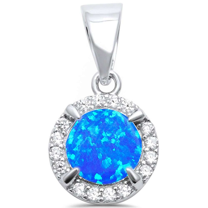 Round Blue Opal & Cubic Zirconia .925 Sterling Silver Pendant