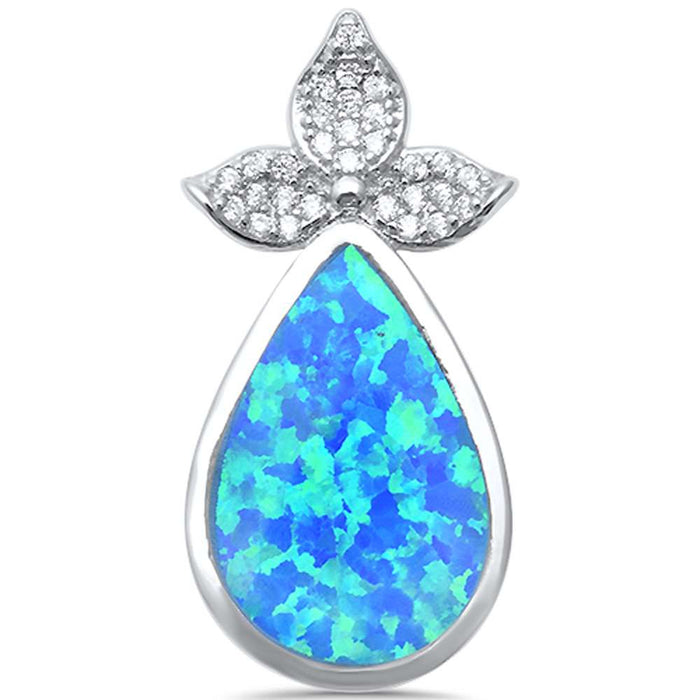 CLOSEOUT! Blue Opal with CZ Pear TearDrop .925 Sterling Silver Pendant