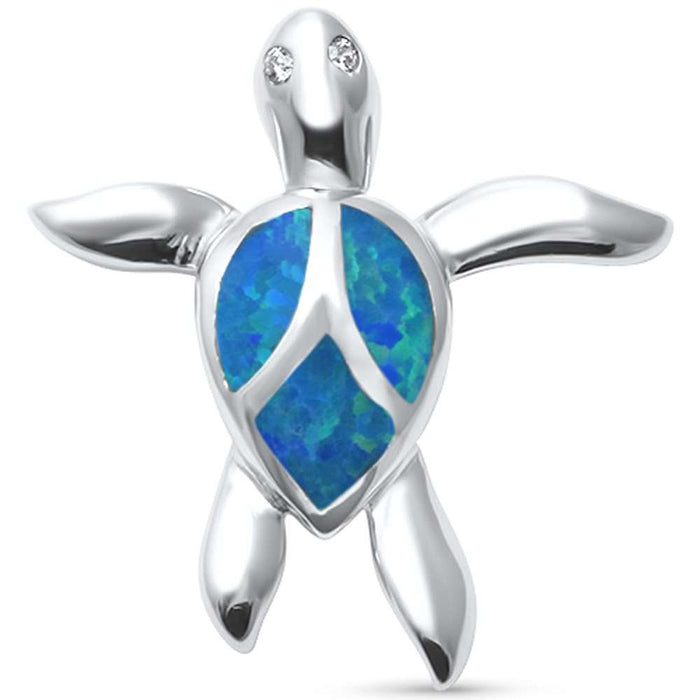 Cute Blue Opal Turtle .925 Sterling Silver Pendant