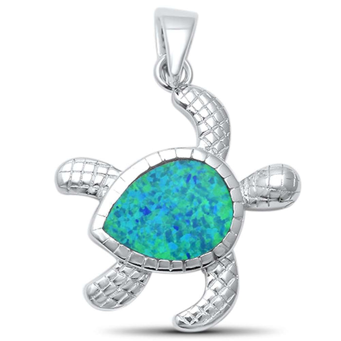 Cute Blue Opal Turtle .925 Sterling Silver Pendant
