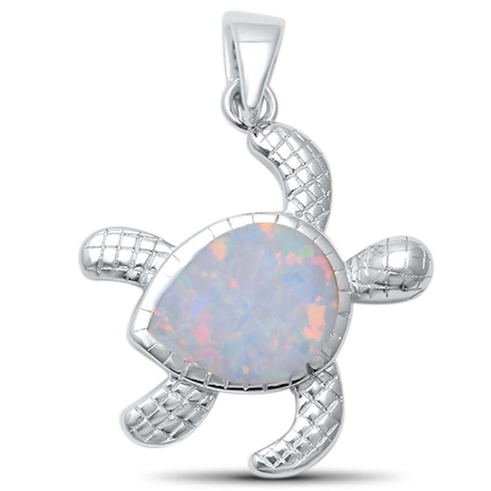 Cute White Opal Turtle .925 Sterling Silver Pendant